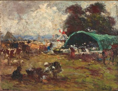 FERNAND MAILLAUD (1862-1948) La foire de Berthemaux Huile sur panneau. Signée en...