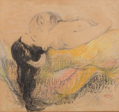 Walter Sauer (1889-1927) 
Femme nue allongée et masque japonais, 1917
Pastel sur...