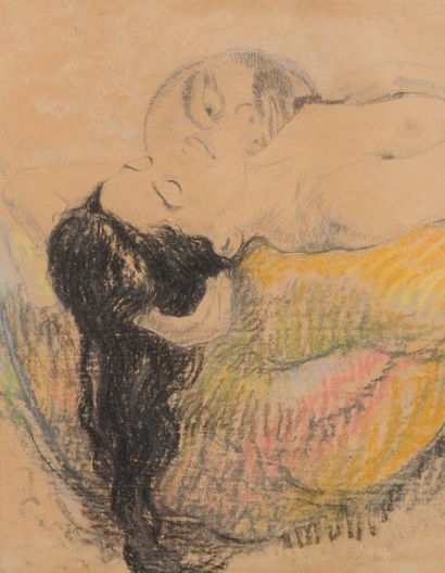 Walter Sauer (1889-1927) 
Femme nue allongée et masque japonais, 1917
Pastel sur...