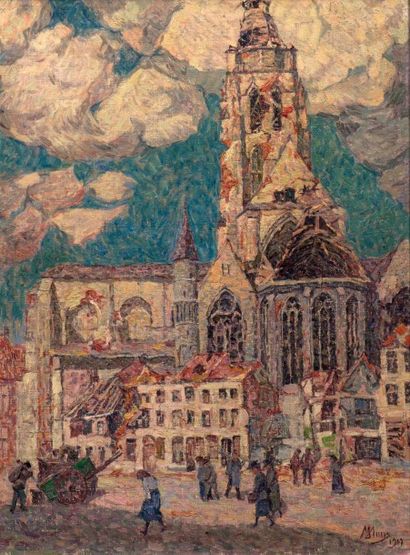 MODESTE HUYS (1874-1932) 
La Tour Blessée, Oudenaarde 1919
Huile sur toile
Signée...