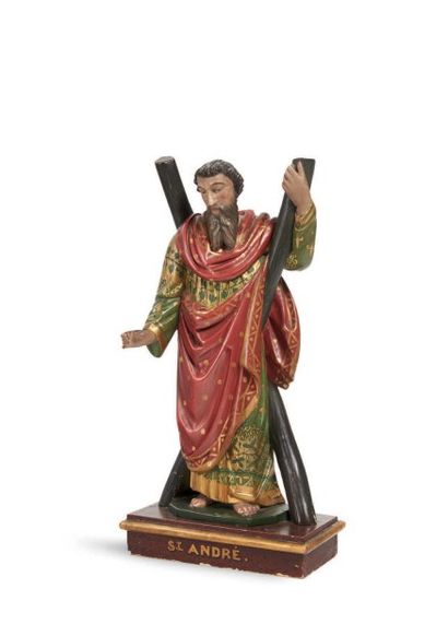 null SAINT ANDRÉ en bois sculpté en ronde-bosse, polychromé et doré.
XIXe siècle.
H_46,5...