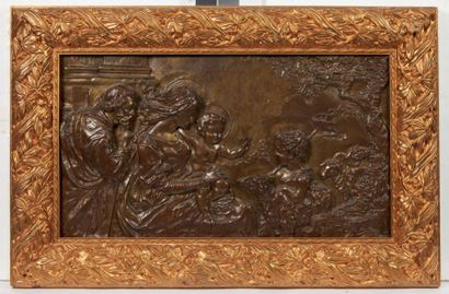 null GRAND BAS-RELIEF en bronze représentant la Sainte Famille avec saint Jean-Baptiste...