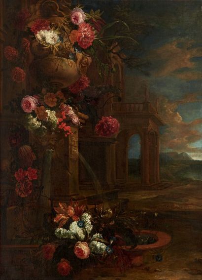 JAN BAPTIST BOSSCHAERT (ANVERS 1667 - 1746) 
Bouquet de fleurs au perroquet Bouquet...