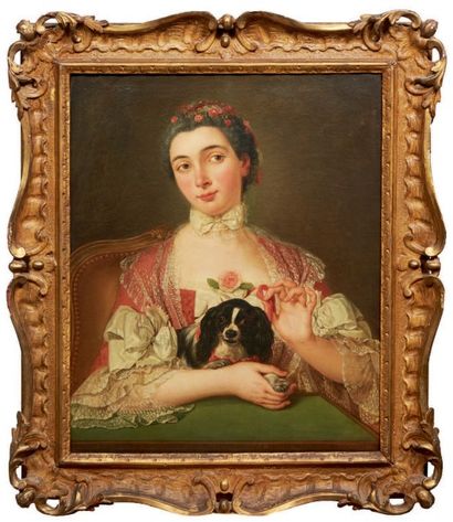 ATTRIBUÉ À MICHEL HUBERT DESCOURS (1707 - 1775) 
Portrait de femme avec son chien...