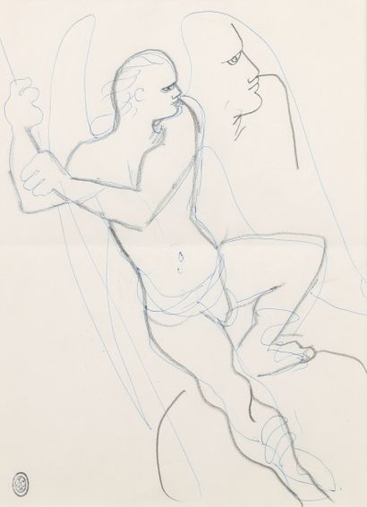 Jean COCTEAU (1889-1963) Sans titre Crayon et encre bleue sur papier. Tampon de la...