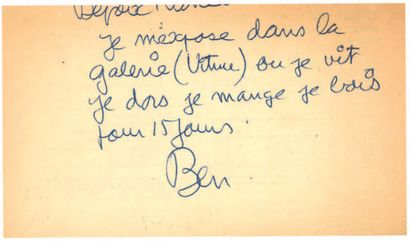 Ben VAUTIER (né en 1935) 
Lot comprenant:
- Une carte de voeux de l'année 1962.
-...