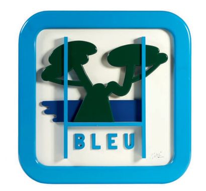 Claude Gilli (Né en 1938) 
Panneau de signalisation bleu
Panneau en bois.
H_97 cm...