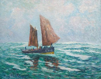 Henry MORET (1856-1913) 
Barque de pêche en mer, 1912
Huile sur toile.
Signée et...