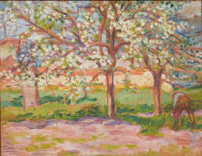 Jean PESKÉ (1870-1949) 
Printemps
Huile sur panneau.
Signée en bas à gauche.
H_26,5...