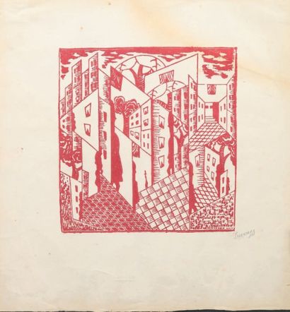 Leopold SURVAGE (1879-1968) 
Composition de ville cubiste, circa 1915
Bois-gravé.
Signé...