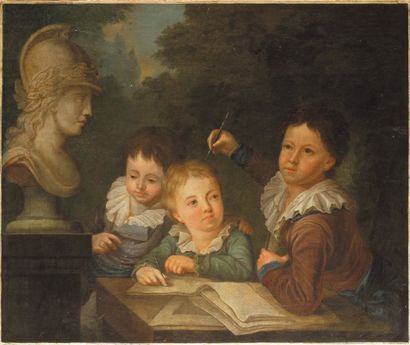 Ecole Francaise vers 1780 Trois enfants écrivant sous le buste de Minerve Toile (Sans...