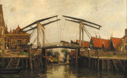 Victor-Olivier Gilsoul (1867-1939) Pont levis sur un canal dans une ville hollandaise...