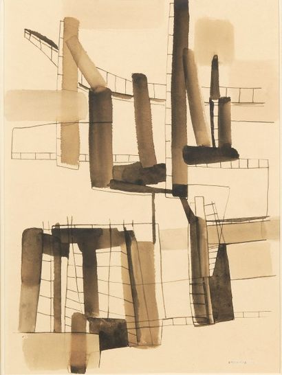DORA TUYNMAN Composition abstraite, 1954
Dessin au lavis brun sur papier beige
Signé...
