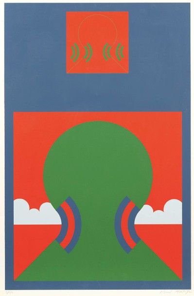 ADO SATO (1936-1974) Silhouettes vertes et rouges sur fond bleu, 1972
Lithographie...