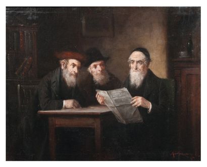 LAJOS KOLOSZVARY (1871-1937) Trois rabbins lisant le journal
Huile sur toile.
Signée...
