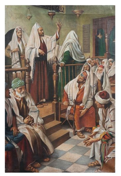 HAROLD COPPING (1863-1932) Scène à l'intérieur d'une synagogue
Huile sur toile.

Interior...
