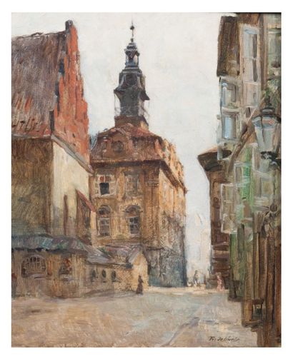 FRANTISEK A. JELINEK (1890 - 1977) Vue de la synagogue Altneu, Prague
Huile sur panneau.
Signée...
