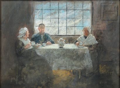 Jozef Israels (1824-1911) L'heure du thé
Pastel et gouache sur papier.

Signé en...