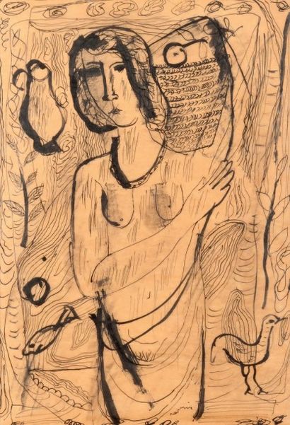 JULIO RAMIS (1910-1990) 
Femme à la pêche
Encre sur papier calque, signée en bas
H_32...