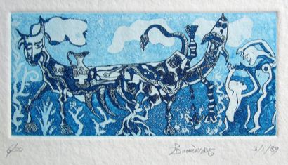 Joan BENNASSAR (1950) 
Vaches bleues, 1989
Gravure, numérotée 6/30.
H_9,5 cm L_20,5...