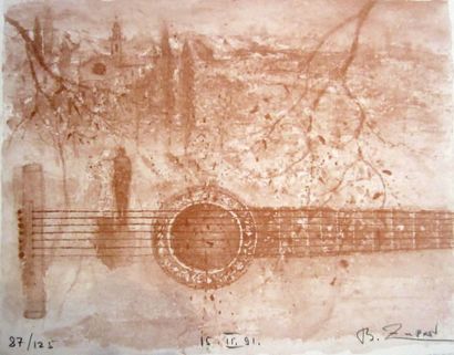 BRUNO ZUPAN (1939) Guitare et paysage, 1991 Gravure en sanguine signée et datée en...