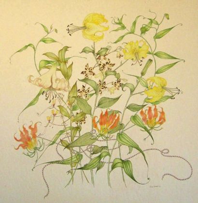 GINA STOBART 
Fleurs, 1986
Aquarelle sur papier.
H_48,5 cm L_51 cm
Acuarela sobre...