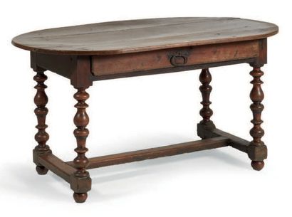 null TABLE en merisier avec un tiroir en ceinture, pieds tournés en balustre reliés...