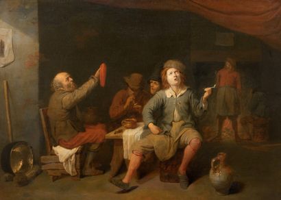 DAVID RYCKAERT LE JEUNE (ANVERS 1612 - 1661) Les fumeurs dans une taverne
Panneau,... Gazette Drouot
