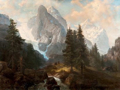 Arnold Albert Jenny (1831-1881) Paysage de montagne à la cascade
Toile, signée et...