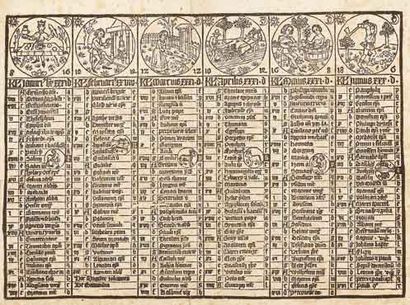 null [Almanach périodique pour 30 ans de l'année 1439]. Bois gravé, 400 x 305 mm....