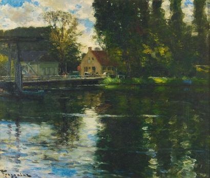Fernand Toussaint (1873-1956) Vue de Lac Huile sur toile Signée en bas à gauche Olie...