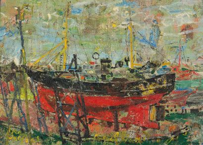 Jean -Jacques Gailliard (1890-1976) Bateau en réparation, Ostende 1960 Huile sur...