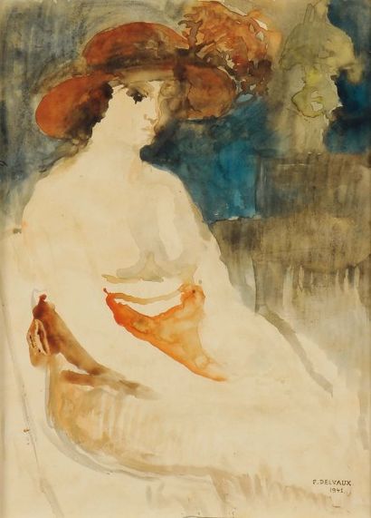 Paul Delvaux (1897-1994) Femme au chapeau, 1941 Aquarelle Signée et datée en bas...