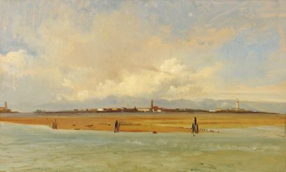 Charles Auguste Van der Berghe (1798-1835) Venise vue de la lagune Huile sur papier...