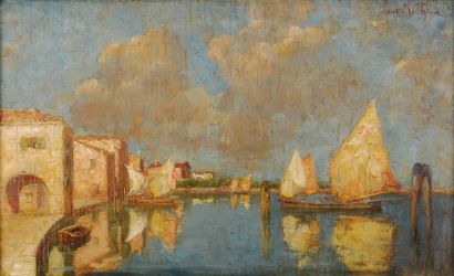 Paul Mathieu (1872-1932) Vue de lagune Huile sur panneau Signée en haut à droite...
