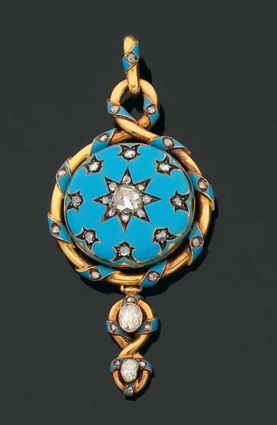 null Pendentif souvenir rond en or émaillé de couleur turquoise orné de diamants...