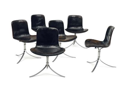 Poul Kjærholm (1929-1980) Suite de six chaises EKC 9 à assises et dossiers garnis...