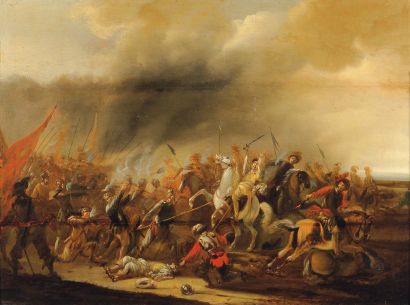 ATTRIBUÉ À JAN WYCK (VERS 1640-1702) Choc de cavalerie Panneau de chêne, trois planches,...