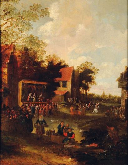ATTRIBUÉ À DIRCK MAAS (1659 - 1717) Le théâtre ambulant Panneau parqueté. (Restaurations)...