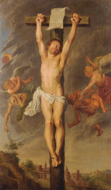 ÉCOLE FLAMANDE DU XVIIe SIÈCLE, SUIVEUR D'ANTON VAN DYCK Le Christ en croix Panneau...