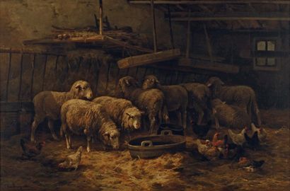 CORNELIS VAN LEEMPUTTEN (1841-1902) Moutons dans la bergerie Toile signée en bas...