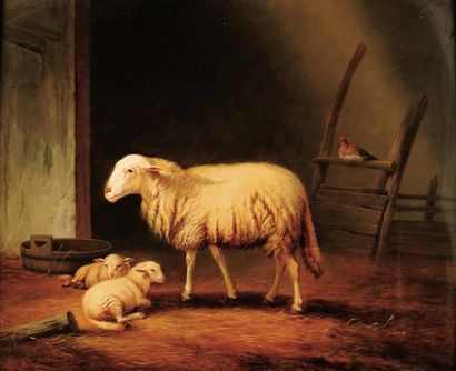 J. MISTTER (ACTIF AU XIXe SIÈCLE) Moutons dans la bergerie. Panneau d'acajou. Signé...