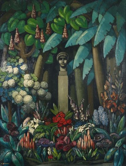 RAYMOND LOUIS CHARMAISON (1876-1955) Statue dans un jardin Huile sur toile. Signée...