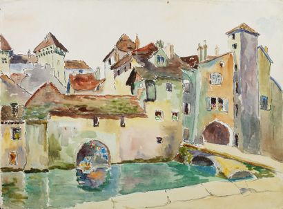 LOUISE-MARIE PEYRE (1897-1975) Annecy, vers 1952 Aquarelle sur papier. Située Annecy...