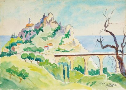 LOUISE-MARIE PEYRE (1897-1975) Eze - Aspremont, vers 1956-1960 Ensemble de deux aquarelles...