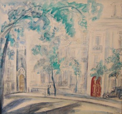HERMINE DAVID (1886-1971) Place à Paris Aquarelle, encre et crayon sur papier. Signé...