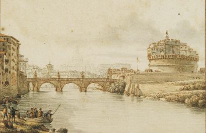 Victor-Jean Nicolle (Paris 1754-1826) Vue du pont et fort Saint-Ange sur le Tibre...