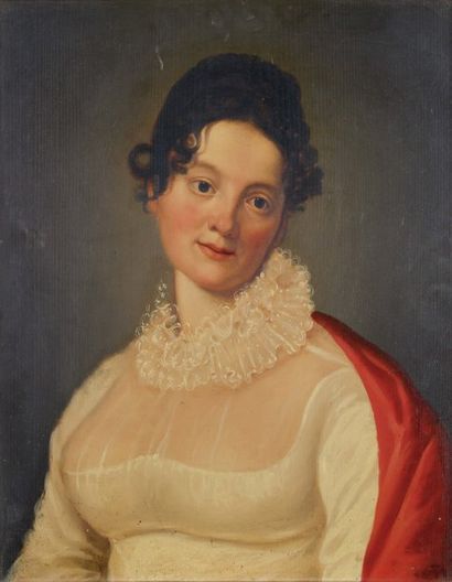 École française vers 1850 Portrait de femme à la robe blanche Panneau H_47 cm L_38,5...