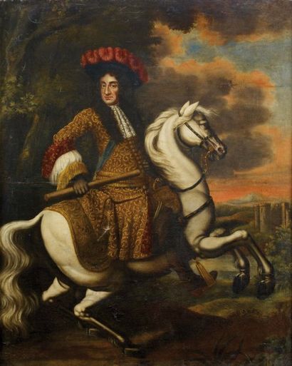 École espagnole du XVIIe siècle Portrait d' homme à cheval Toile. Accidents H_108,5...