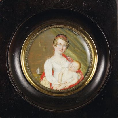 École française du début du XIXe siècle Miniature ronde sur ivoire figurant une mère...